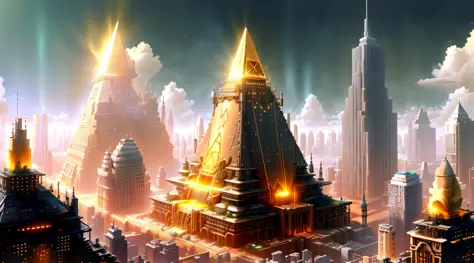 "a futuristic background of a golden glass pyramid with laser beams leads to a hyper-realistic scific city with huge skyscrapers...