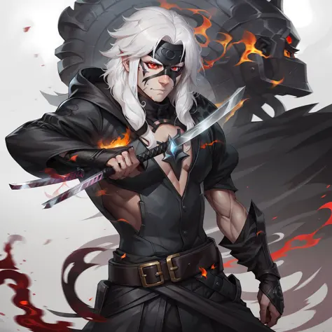 anime face white hair, red eyes, black fireball in hand, digital art, white hair, crimson red eyes, fire around, standing, neutr...