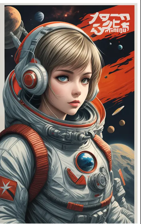 a projected abstract flat color vector (poster):1.2) with a (girl):2) in a (space suit):1.5), anime portrait Space Cadet girl, artgerm jsc, (Soviet style):1.2) cyberpunk, guweiz-style art art, retro sci-fi art, girl in space, Soviet propaganda poster style...