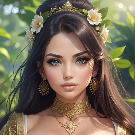 Portrait of a girl, extremely beautiful, a lush garden, jewelry, masterpiece, best quality, CG, wallpaper, HDR, high definition,...
