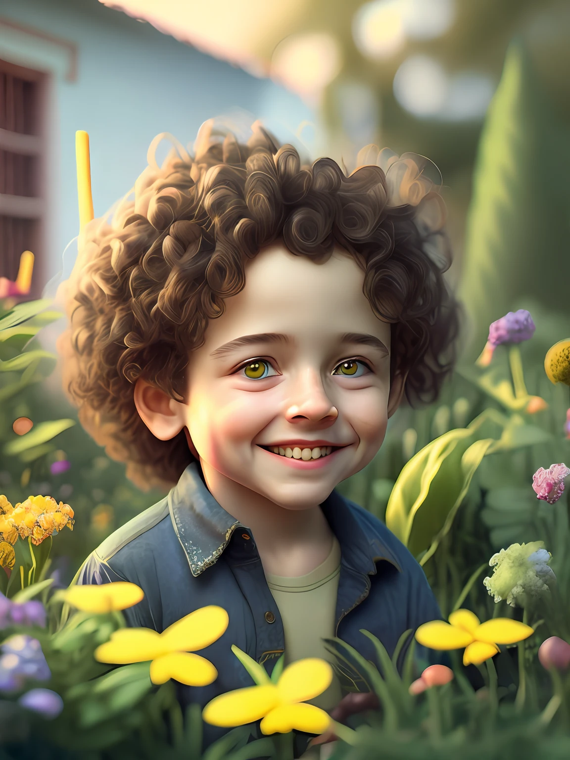 a small boy, very kind cute boy, smiling with curly hair,bright eyes, playing in the garden, garden with lots of flowers, Hyper Realistic 3 D render, 3 D render character art 8 K, Hyper Realistic Render, lovely digital painting, hyper realistic style, ultra realistic render