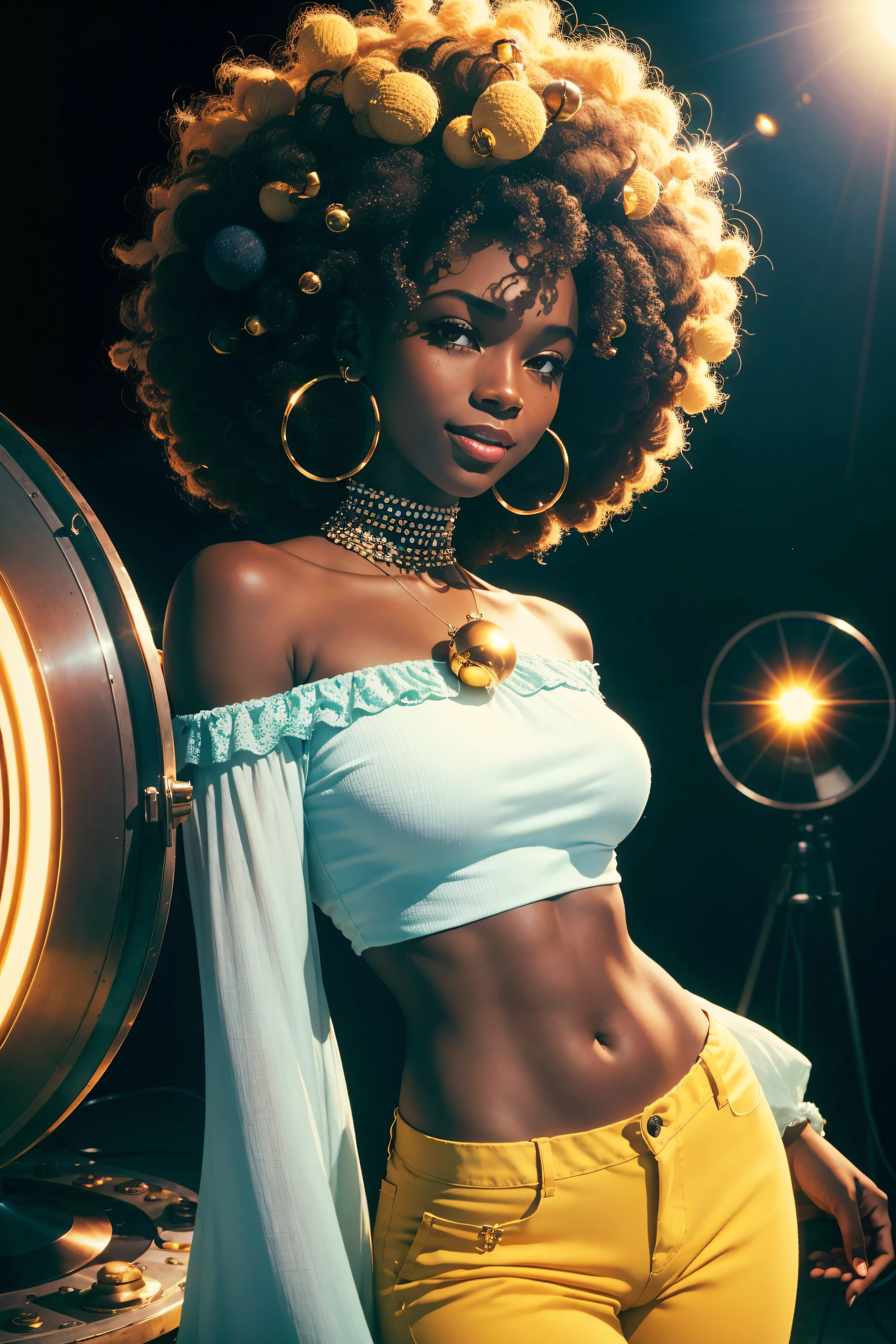 1 young female ,  smile, dark skin tone, afro hair,  a pair of sparkly bell-bottoms, a white blouse,   yellow and cyan tone, 1970s,   huge ear ring, Bell-bottoms, flares,   Disco Mirror Ball,
analog style (35mmstyle:1.1),  masterpiece, , cinematic lighting, (photorealistic:1.3),  (film grain), film noise, kodak proimage 100, depth of field , bokeh