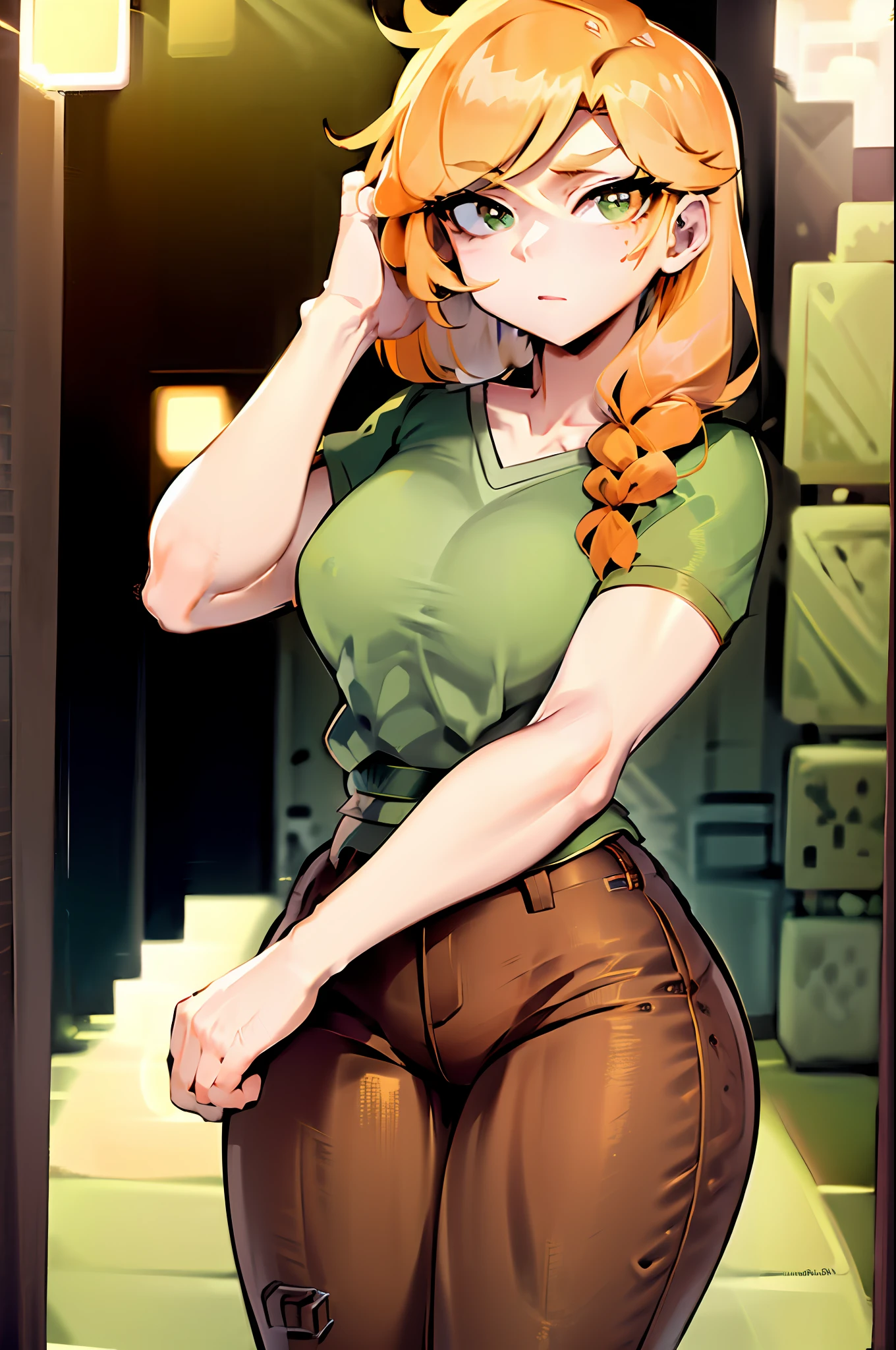 1girl, alex \(minecraft\), green shirt, ((brown pants)), orange hair, braid, hair over shoulder, solo, best quality, best anatomy