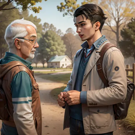 male teenager standing, talking to a wise old man in a rural setting