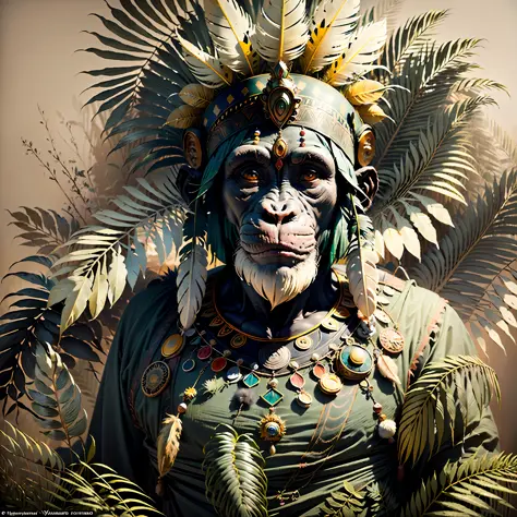 chimpanzee ((indian shaman)),,((meditative state),,shaman, elegant chimpanzee, hair with details, with indian headdress on head,...