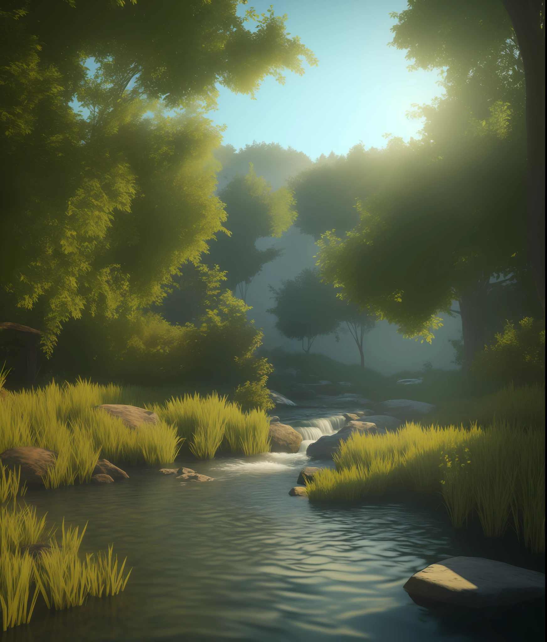 Realistic landscape, 3d, light, nature, anime, ray tracing, dense forest, animals, water stream, (SEMI-SILHOUETTE light:1.1), (raytracing:1.1), (cryengine:1.1), (skin detail:1.1),(photrealistic:1.1)