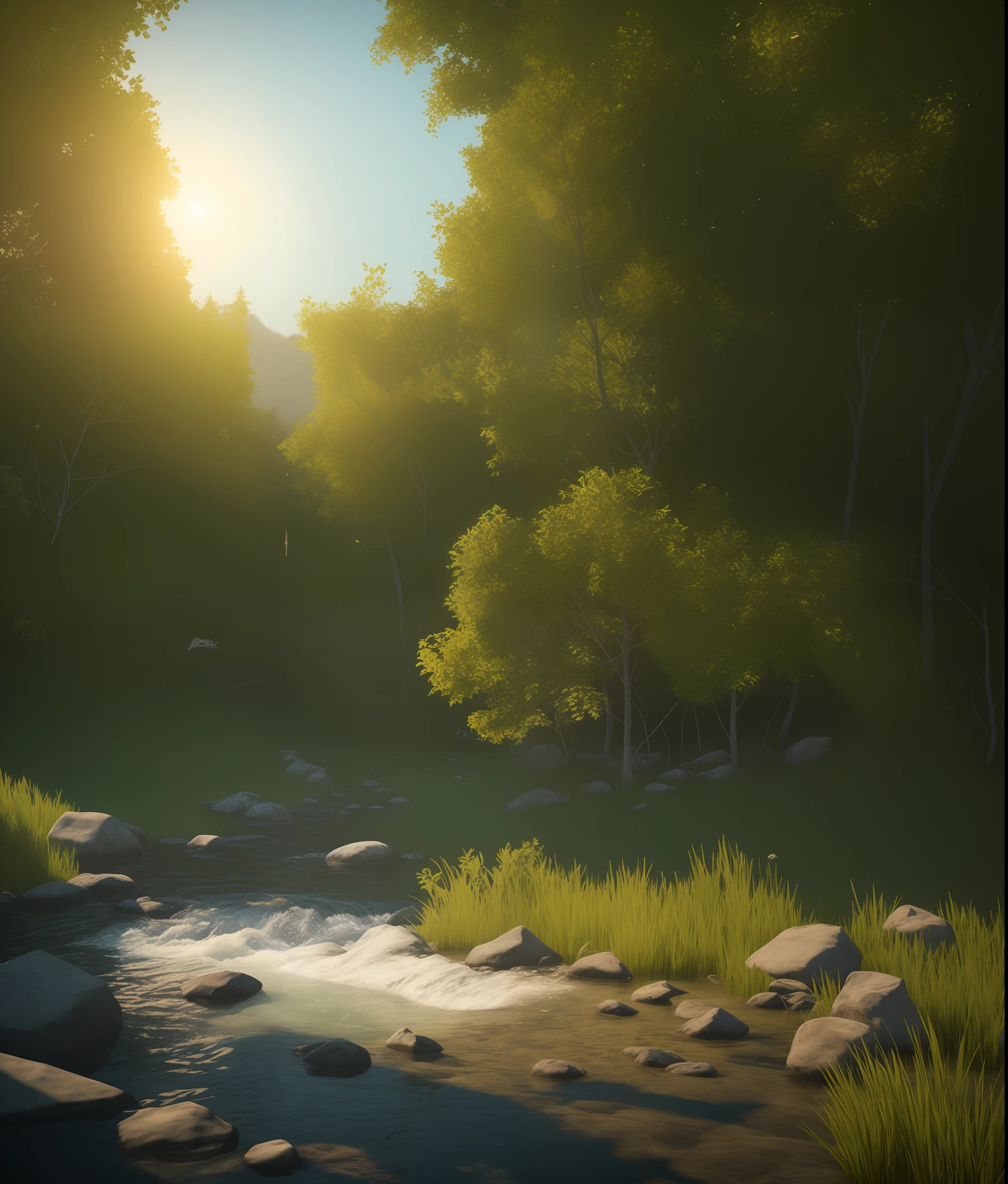 Realistic landscape, 3d, light, nature, anime, ray tracing, dense forest, animals, water stream, (SEMI-SILHOUETTE light:1.1), (raytracing:1.1), (cryengine:1.1), (skin detail:1.1),(photrealistic:1.1)