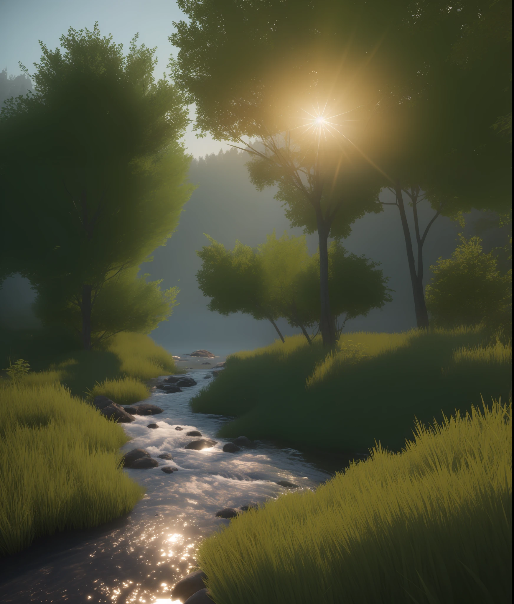 Realistic landscape, 3d, light, nature, anime, ray tracing, dense forest, animals, water stream, (SEMI-SILHOUETTE light:1.1), (raytracing:1.1), (cryengine:1.1), (skin detail:1.1),(photrealistic:1.1)