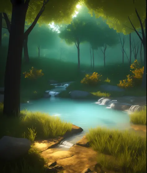 Realistic landscape, 3d, light, nature, anime, ray tracing, dense forest, animals, water stream, (SEMI-SILHOUETTE light:1.1), (r...