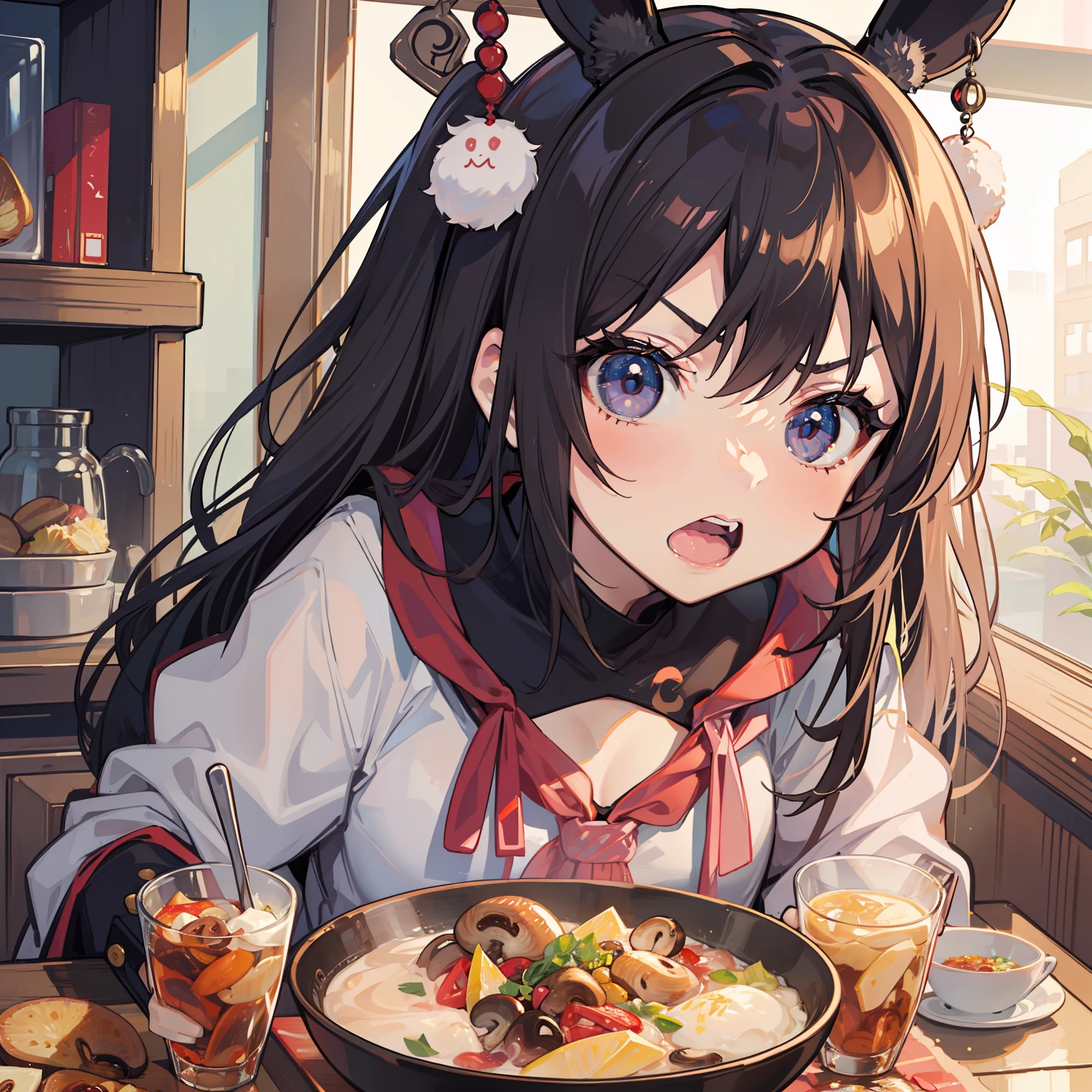 Rabbit-eared girl Mushroom dish Angry face Hold the food forward Eat!　Morning Morning Sun Junko