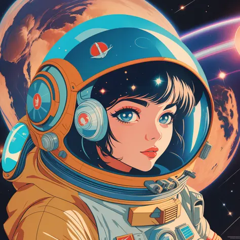 a projected abstract flat color vector (poster):1.2) with a (girl):2) in a (Soviet spacesuit):1.5), anime portrait Space Cadet girl, artgerm jsc, (Soviet style):1.2) cyberpunk, guweiz-style art art, retro sci-fi art, girl in space, Soviet propaganda poster...