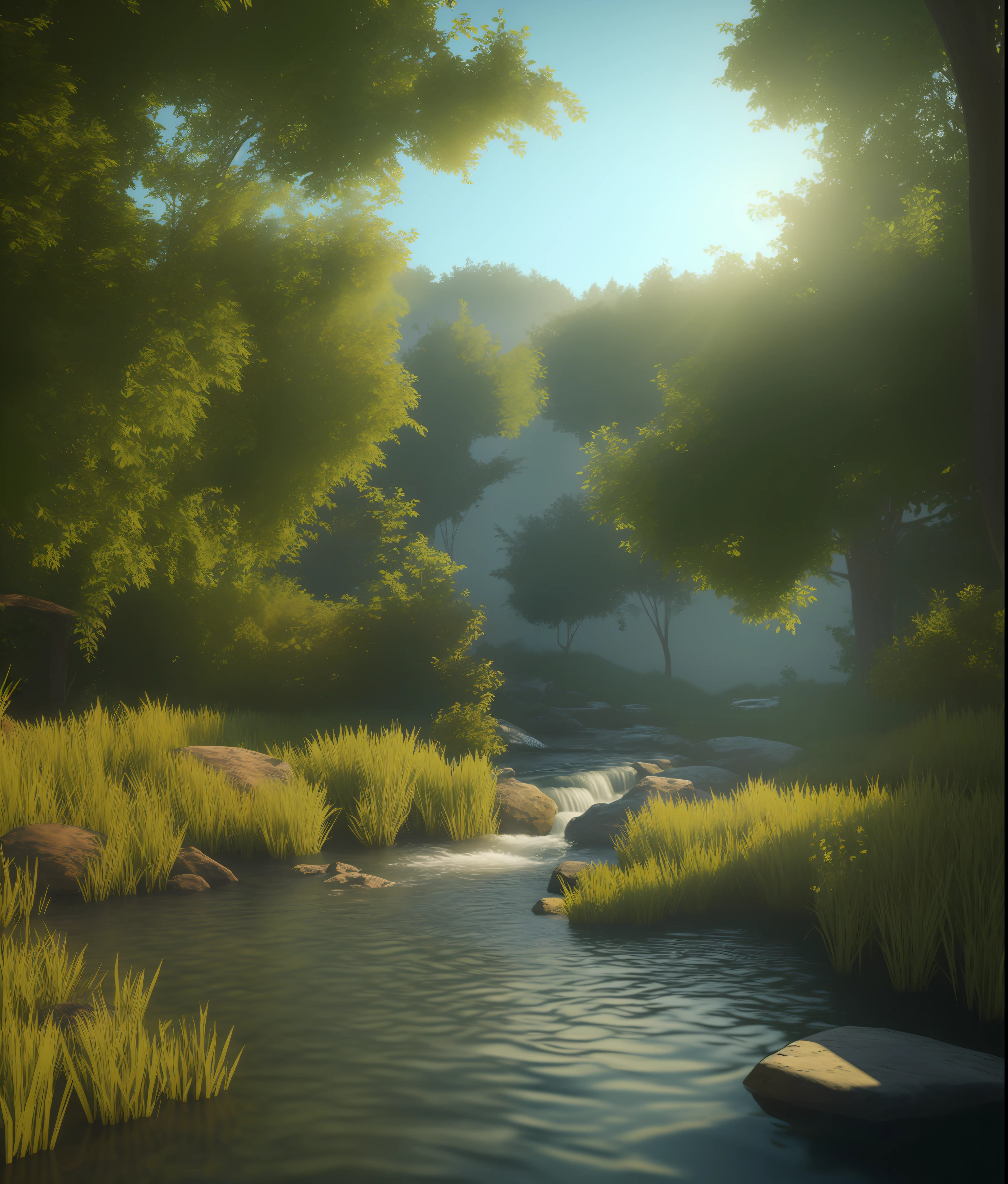 Realistic landscape, 3d, light, nature, anime, ray tracing, dense forest, animals, water stream, (SEMI-SILHOUETTE light:1.1), (raytracing:1.1), (cryengine:1.1), (skin detail:1.1),(photrealistic:1.1)