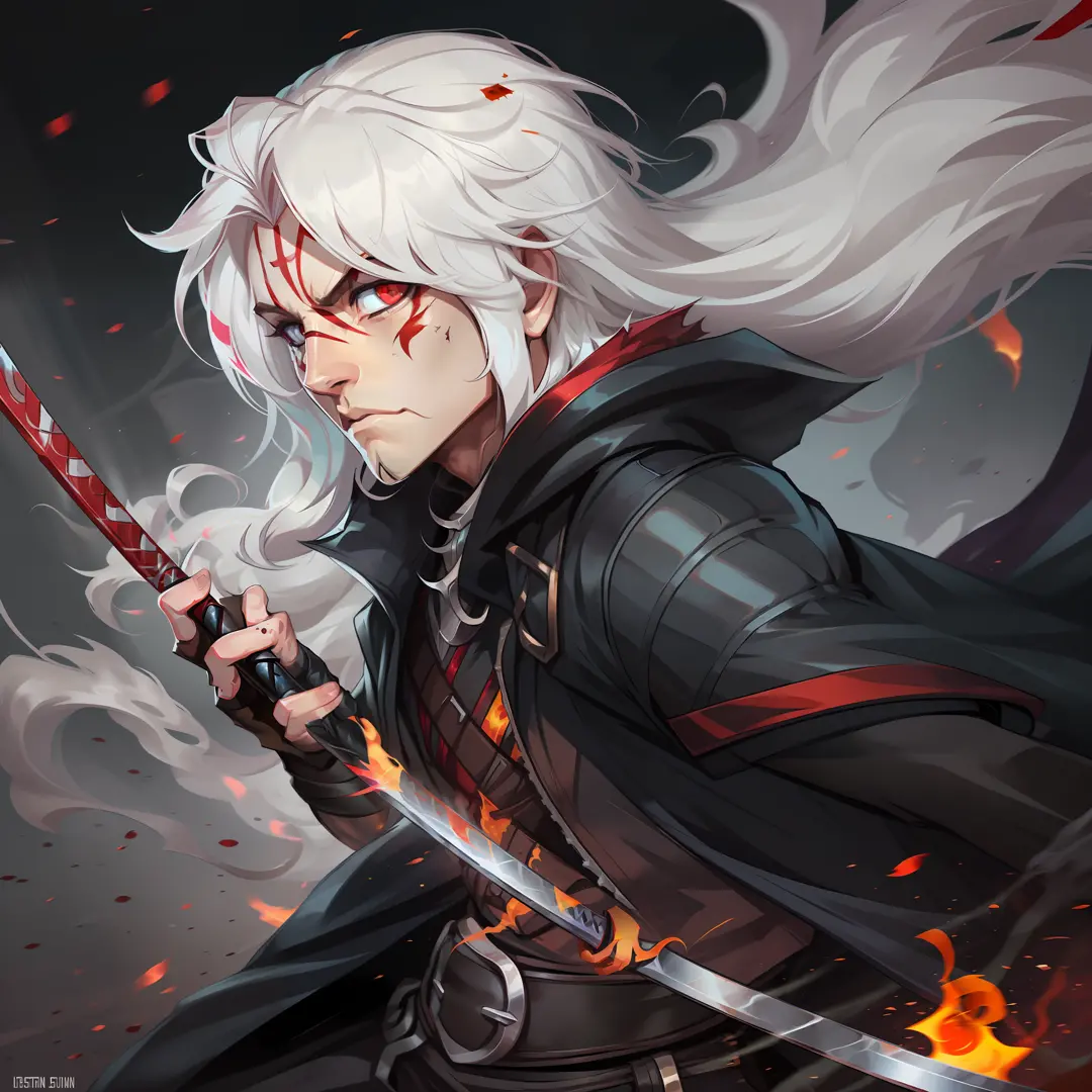 anime man white hair, red eyes, black fireball in hand, digital art, white hair, crimson red eyes, fire around, standing, neutra...