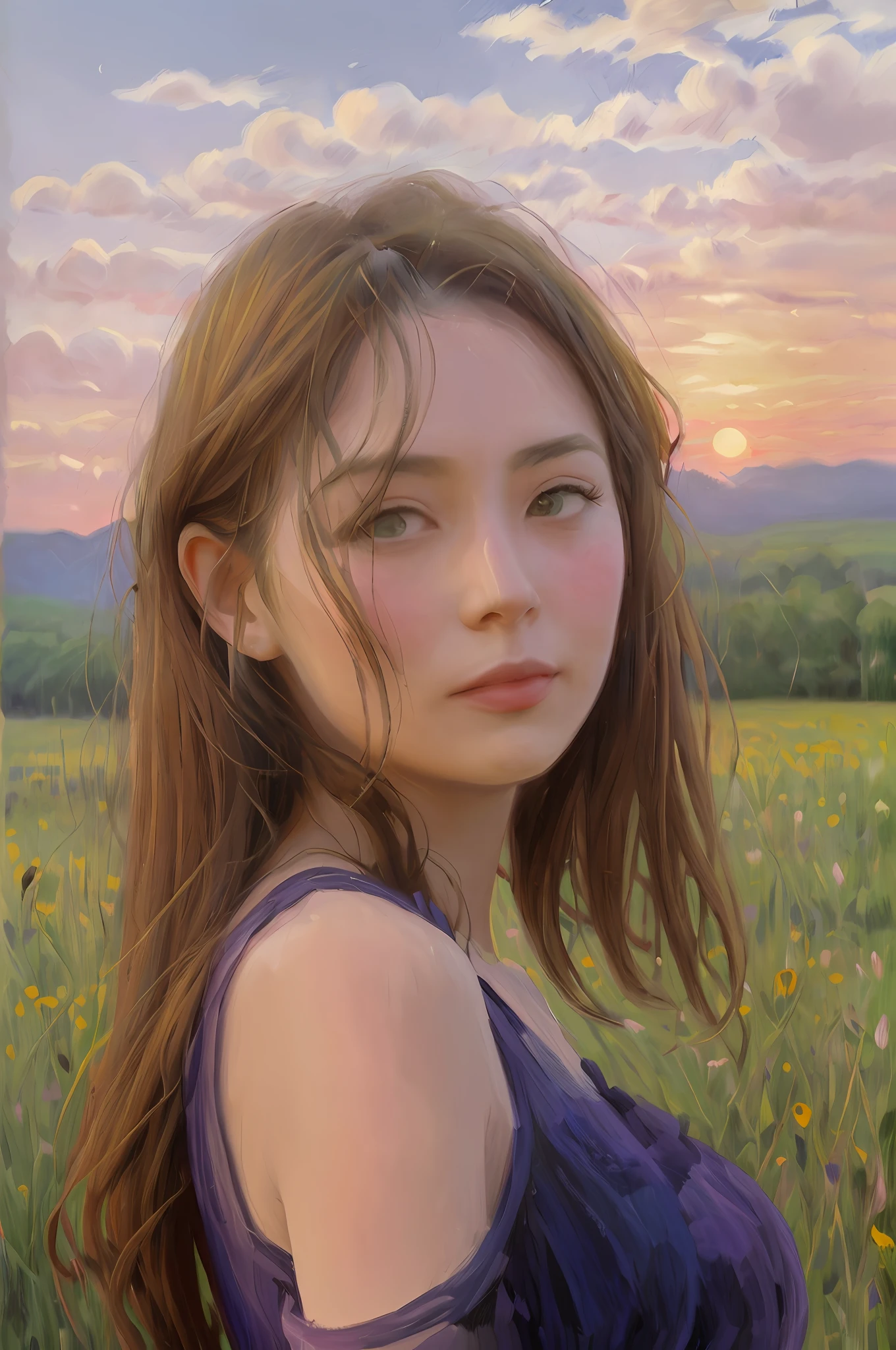 Eveel SG, (Women: 1.2), (Summer Night Sunset: 1.3), Black Mascara Upper and Lower Eyelid Eyeliner, (8k, RAW Photo, Best Quality, Masterpiece: 1.2), (Hyper-Realistic, Photorealistic: 1.37), Best Quality, Ultra High Resolution, (Face Focus: 1.8), (Portrait Face: 1.7), (Large Face: 1.5), (High Contrast: 1.1), (Intensive: 1.1), (Detailed: 1.1), (Top Quality, (Analog: 1.2), (High Sharpness), True Shadow, Shot on Canon EOS R6,  135mm, 1/1250 sec., f/2.8, ISO 400, (summer dress: 1.3), (in-field: 1.2), (fancy clouds: 1.3),