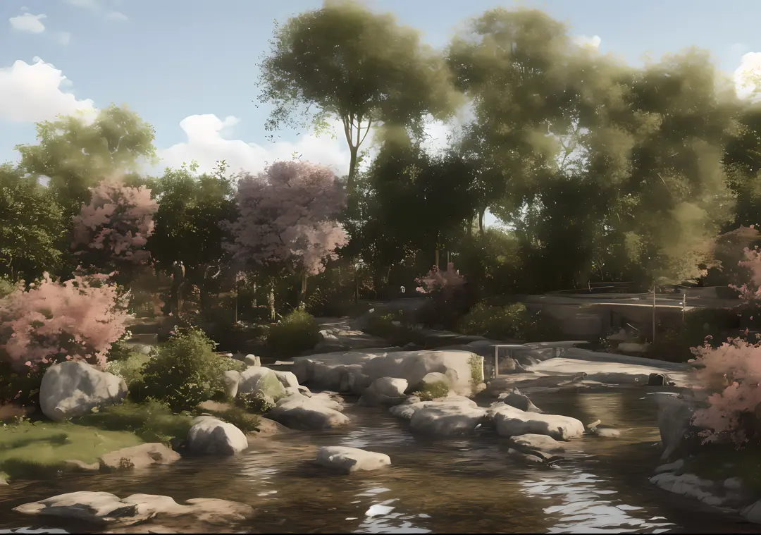 spring, night, garden, lake, stone bridge, peach blossom, trees, flowing water, landscape, outdoor, grass, rocks, (illustration:...