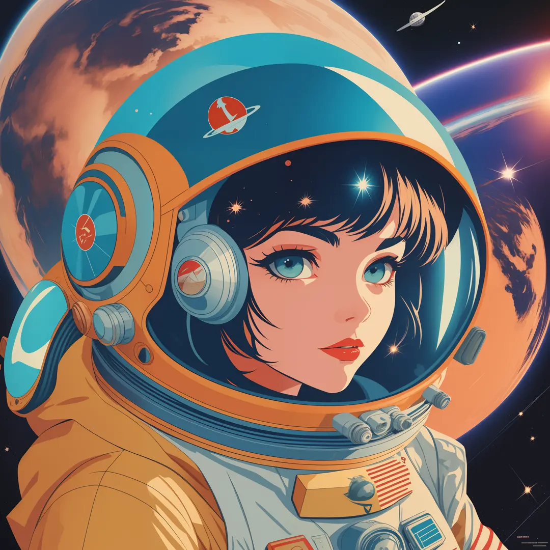 ((poster):1.5) an abstract flat color vector designed poster with a (girl):2) on a (Soviet spacesuit):1.5), anime portrait Space Cadet girl, artgerm jsc, (Soviet style):1.2) cyberpunk, guweiz-style art art, retro sci-fi art, girl in space, Soviet propagand...