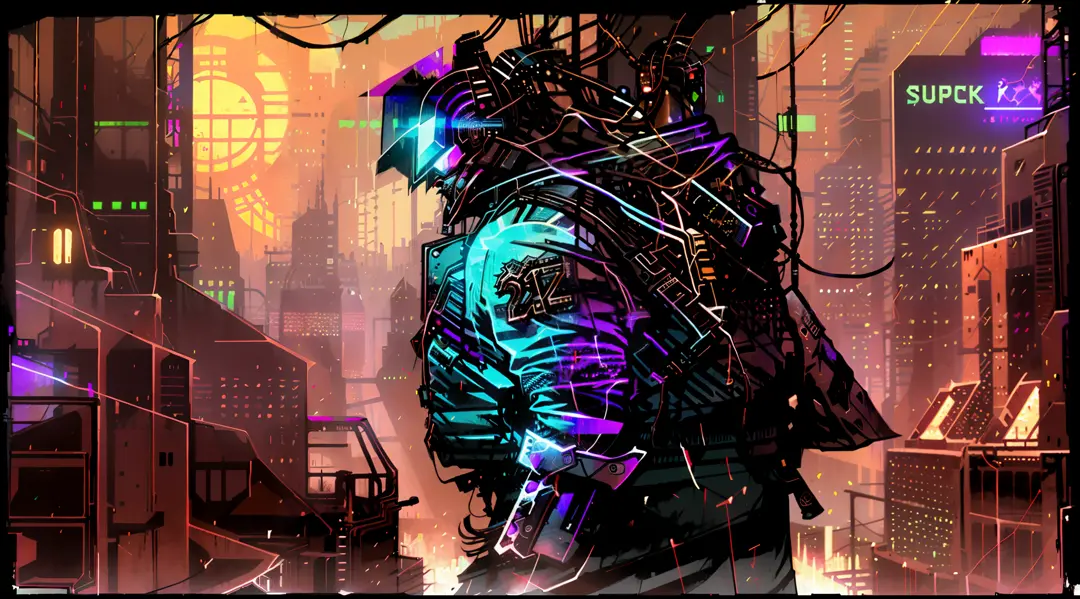 make an art with cyberpunk environment, with a character in the middle, strong man on his back with brown hair, cyberpunk jacket...