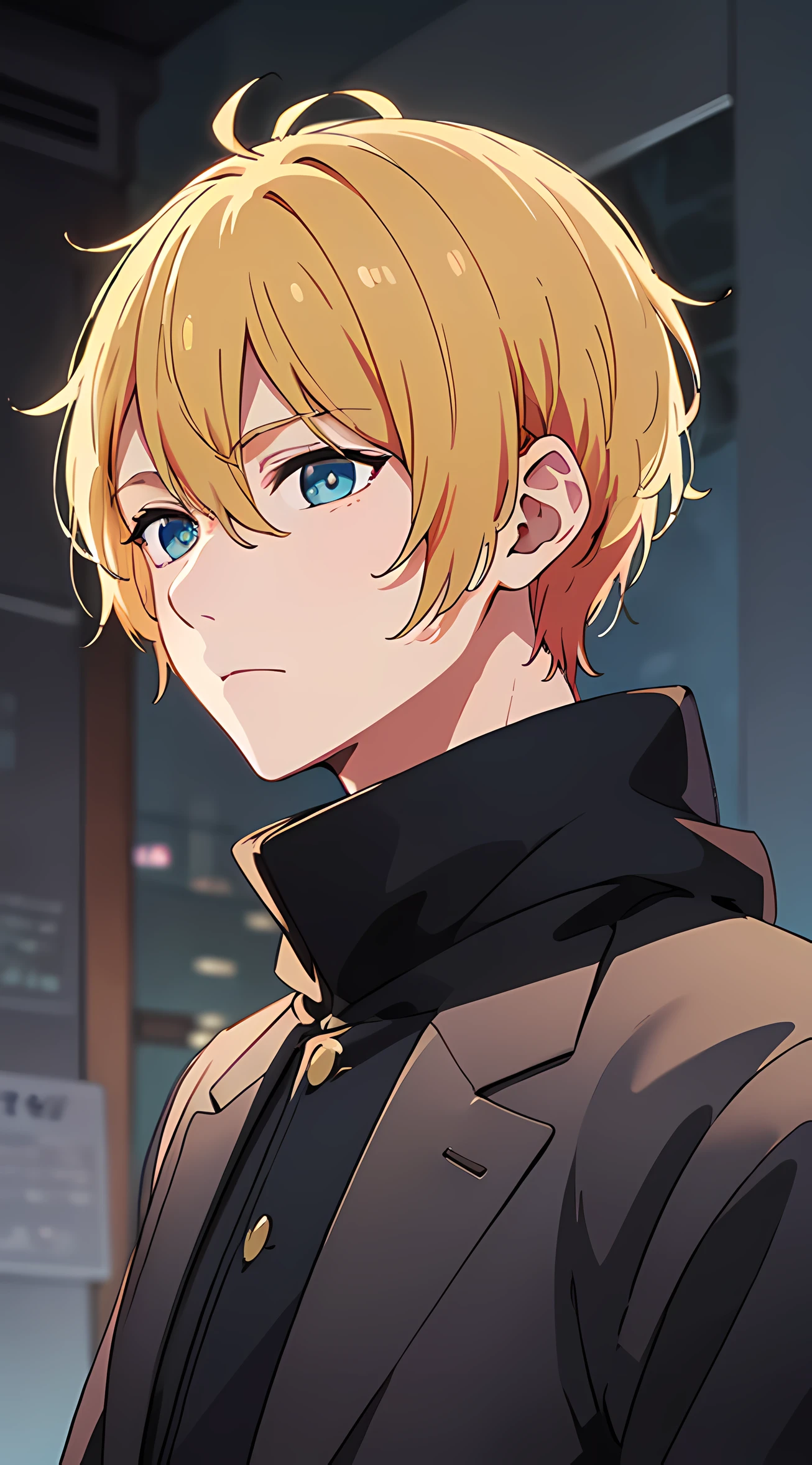 The image of an anime guy with a unique color scheme is blonde with partially brown, blue and yellow shades of eyes. 8k quality with high detail, creating a masterpiece impression. The theme of mysticism with the world of Tokyo ghoul adds mystery and appeal to this work of art.