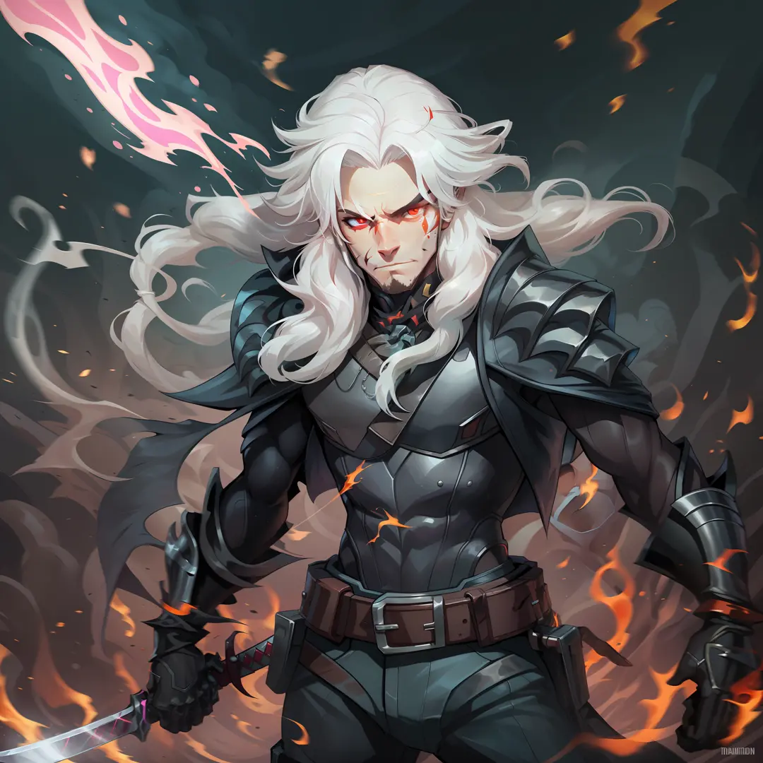 anime man white hair, red eyes, black fireball in hand, digital art, white hair, crimson red eyes, fire around, standing, neutra...