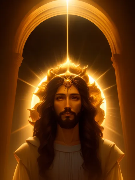 highly detailed portrait of a jesus christ sun god halo of light, gold ...