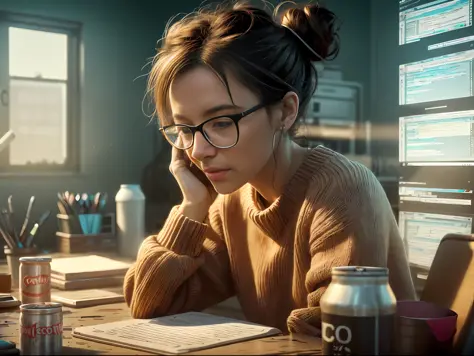 a  beautiful lady with a messy bun and glasses, wearing a knitted sweater, stressed out, tired, exhausted , working on some codi...