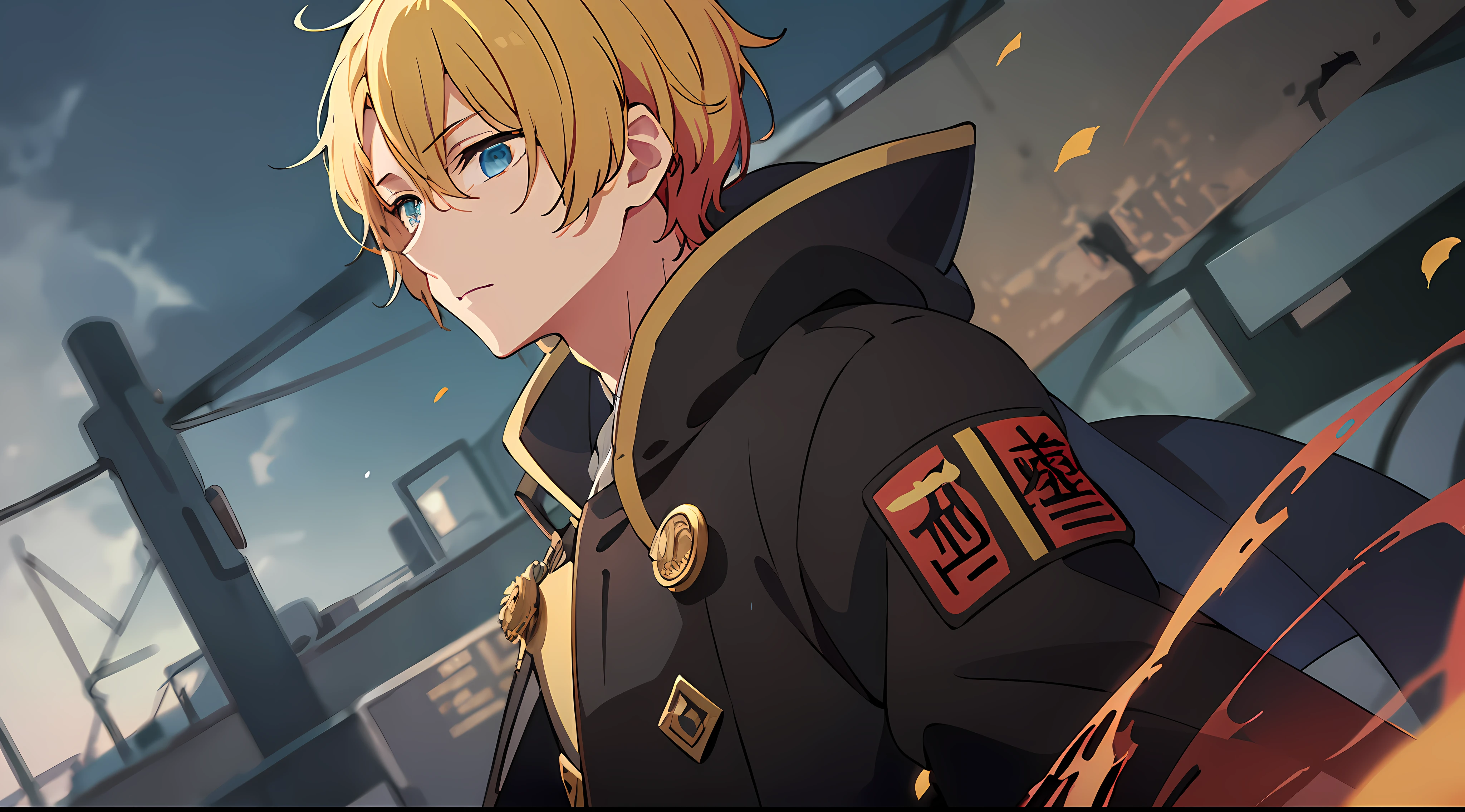 The image of an anime guy with a unique color scheme is a blonde with partially brown hair, blue and yellow shades of eyes, in a mysterious kimono. 8k quality with high detail, creating a masterpiece impression. The theme of mysticism with the world of hellish paradise adds mystery and appeal to this work of art, and its background with a shower gives the atmosphere of a Tokyo ghoul.