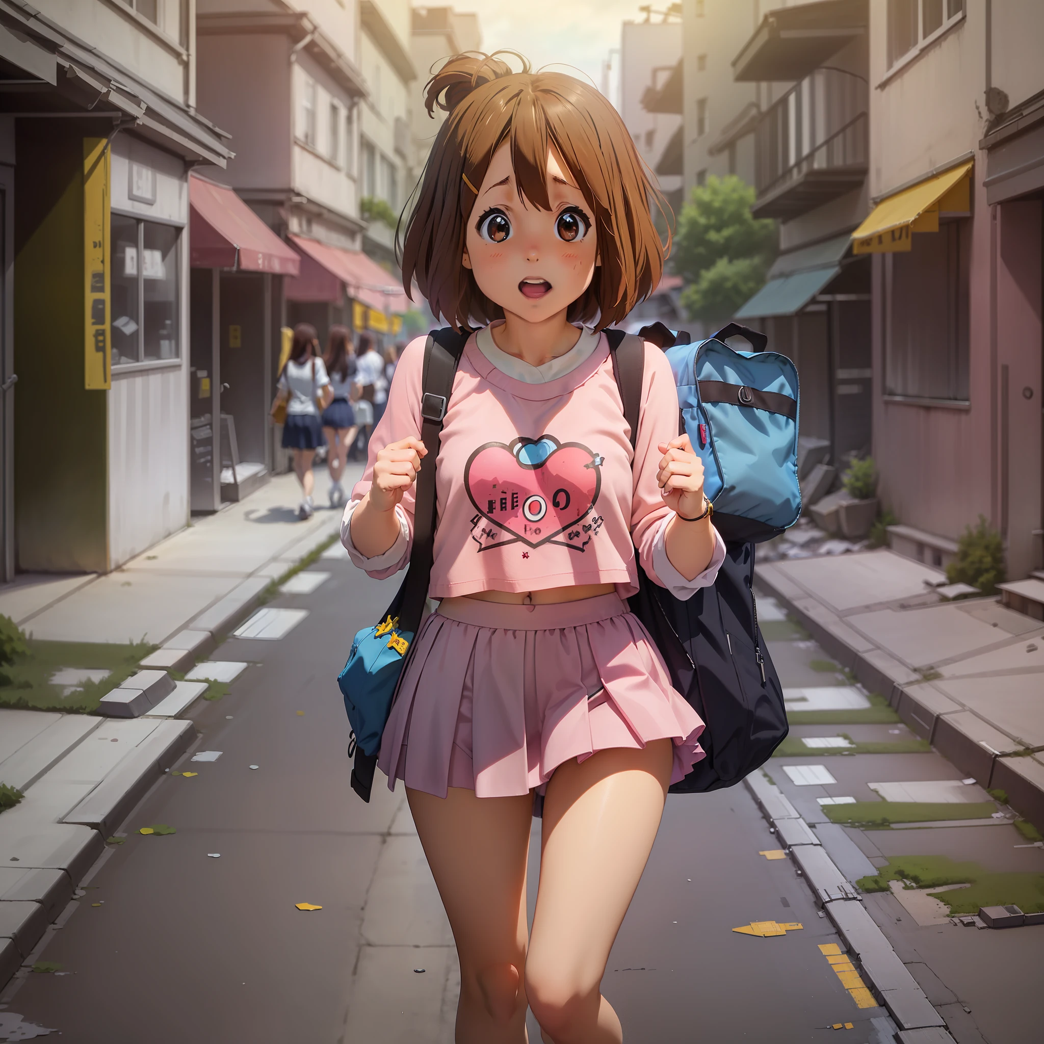 1 girl, Hirasawa_yui, bangs, high school student, , 1, pink top, pink mini skirt, white socks, white panties,walking down the street, showing panties  (surprised face), ( , (((Destroyed City in Miniature: 5.0))