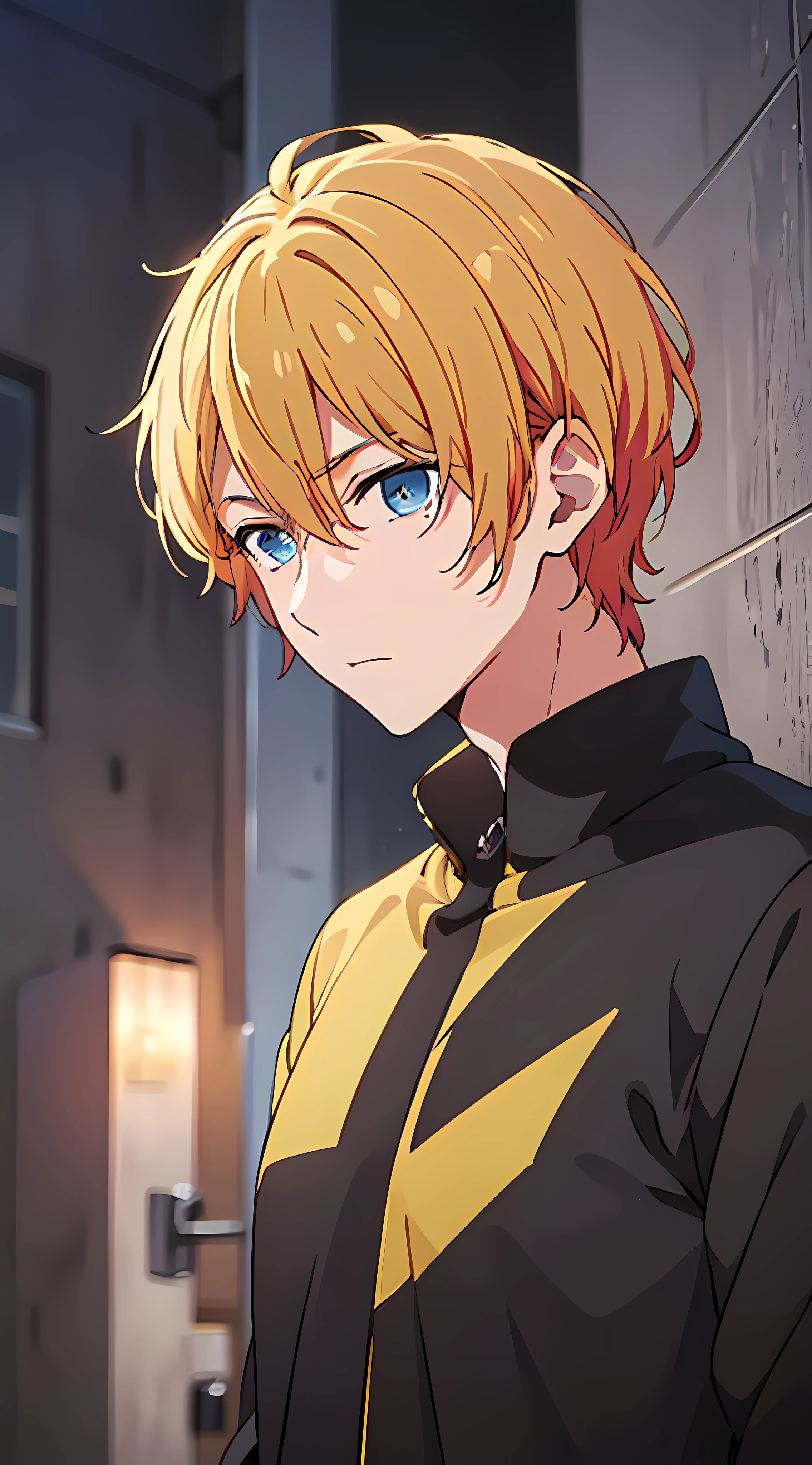 The image of an anime guy with a unique color scheme is a brunette with a piece of blonde hair, yellow and brown shades of eyes. 8k quality with high detail, creating a masterpiece impression. The theme of mysticism with the world of Marvel adds mystery and appeal to this work of fiction, and its background with a shower gives the atmosphere of a Tokyo ghoul.