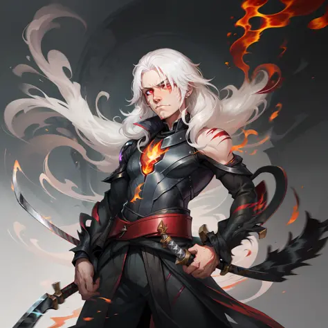 anime man white hair, red eyes, black fireball in hand, digital art, white hair, crimson red eyes, fire around, standing, neutra...