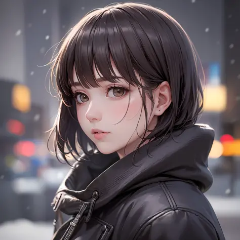 Realistic photography, extremely detailed face, blurred background, extreme quality lens camera, low, simple, almost dark lighting, a beautiful woman wearing a black overcoat, brown eyes, short hair with bangs, cold and snowy environment --s2