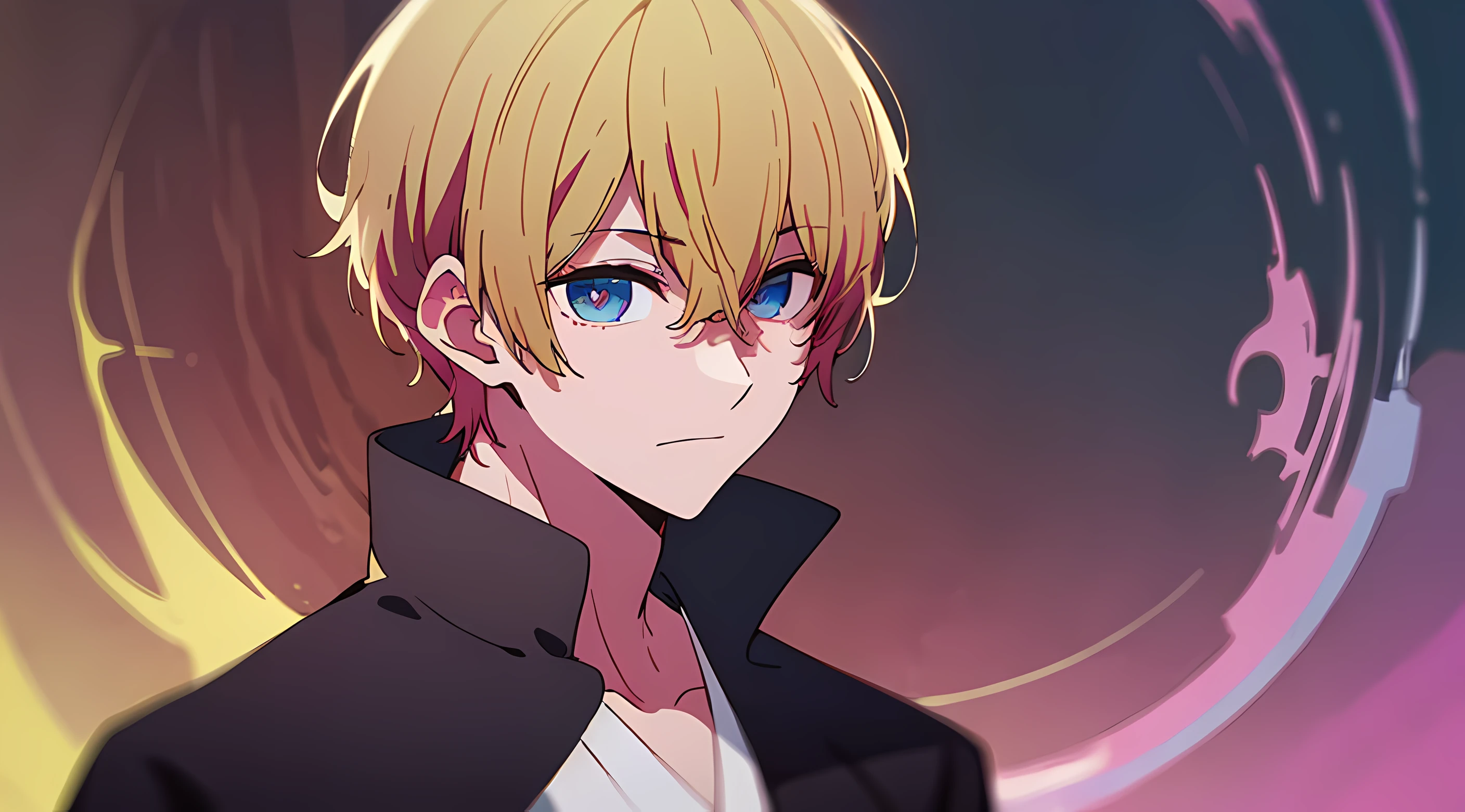 The image of an anime guy with a unique color scheme is a blonde with partially brown hair, blue and yellow shades of eyes, in a mysterious kimono and joggers. 8k quality with high detail, creating a masterpiece impression. The theme of mysticism with the world of hellish paradise adds mystery and appeal to this work of fiction, and its backlit background gives the atmosphere of a Tokyo ghoul.