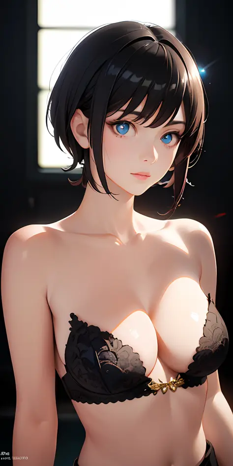 short black hair, (photorealistic:1.4), (masterpiece, sidelight, exquisite beautiful eyes: 1.2), masterpiece*portrait, realistic, 3D face, glowing eyes, shiny hair, shiny skin, solo, embarrassing, (abdomen),