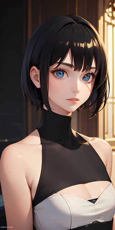 small breasts, short black hair, (photorealistic:1.4), (masterpiece, sidelights, exquisite beautiful eyes: 1.2), masterpiece*portrait, realistic, 3D face, glowing eyes, shiny hair, shiny skin, solo, embarrassing, (abdomen),