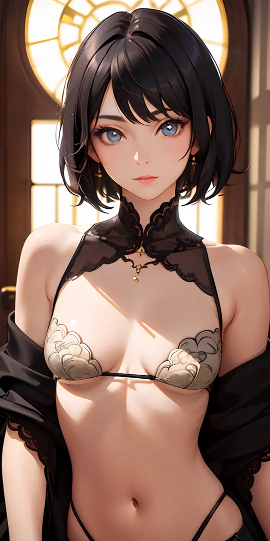 small breasts, short black hair, (photorealistic:1.4), (masterpiece, sidelights, exquisite beautiful eyes: 1.2), masterpiece*portrait, realistic, 3D face, glowing eyes, shiny hair, shiny skin, solo, embarrassing, (abdomen),