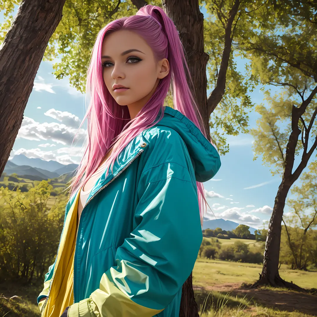 vibrant colors, girl, masterpiece, sharp focus, best quality, cinematlicilghting, detailed clothing, perfect eyes, dynamic pose, yellow eyes, light blue hair, very long hair, outdoors, hands out of frame, colorful inner hair, landscape, trees, clouds, sunl...