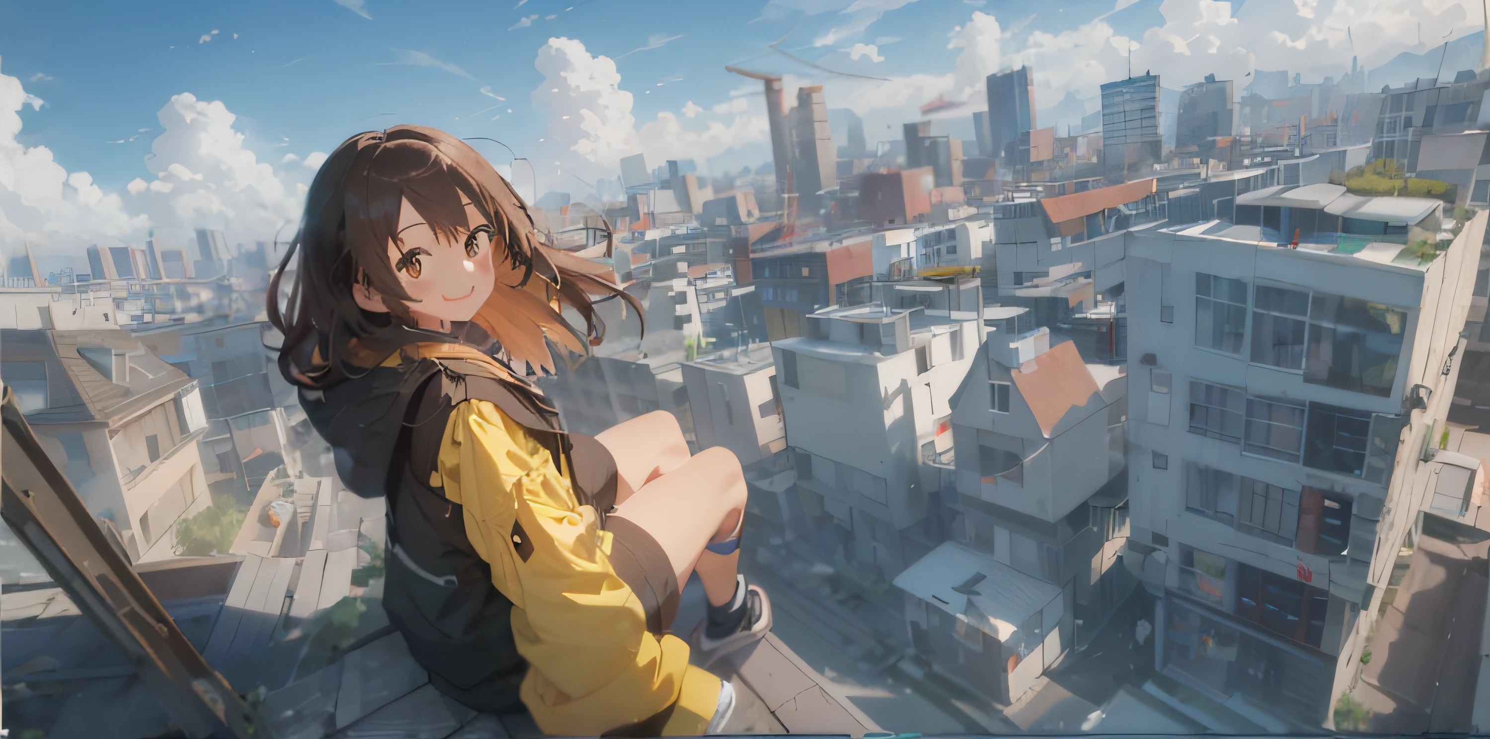 Anime-Mädchen sitzt auf einem Felsvorsprung und blickt auf die Skyline der Stadt, Anime-Stil 4 k, Anime-Stil. 8k, Mädchen sitzt auf einem Dach, 4K-Anime-Hintergrundbild, Makoto Shinkai-Stil, artwork in the style of guweiz, HD-Anime-Stadtbild, sitzt auf einem Dach, octane render. von Makoto Shinkai, Anime-Tapete 4k, Anime-Hintergrundbild 4k