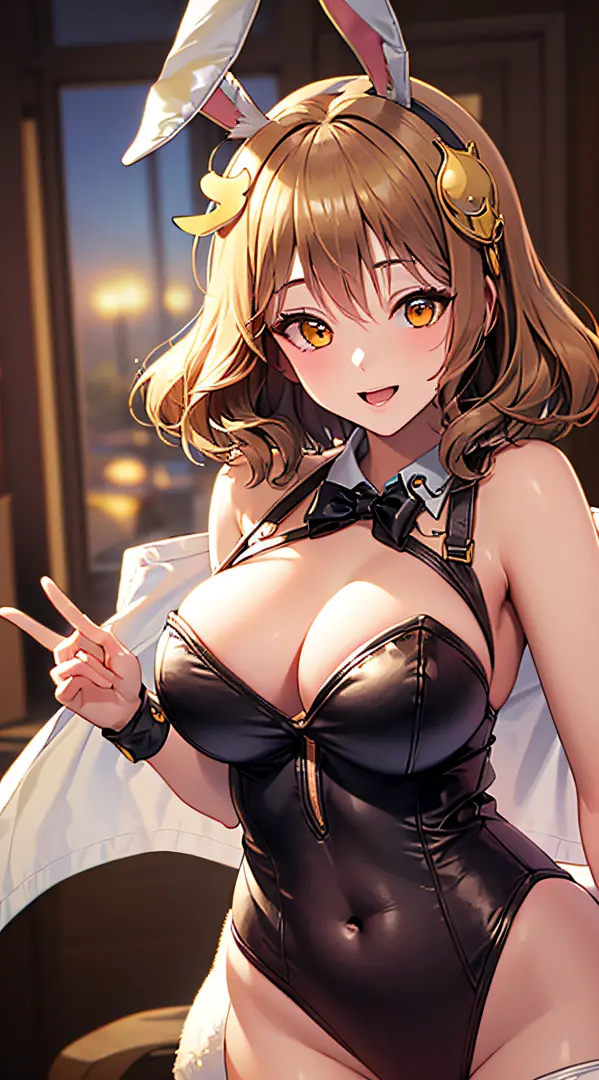 best quality, ultra-detailed,,1girl, solo,  nikkeanis, cross-eyed,  short_hair, open_mouth, large_breasts, brown_hair, hair_ornament, , brown_eyes,yellow_eyes, beret,  cowboy shot, (rabbit ears, playboy bunny:1.2),