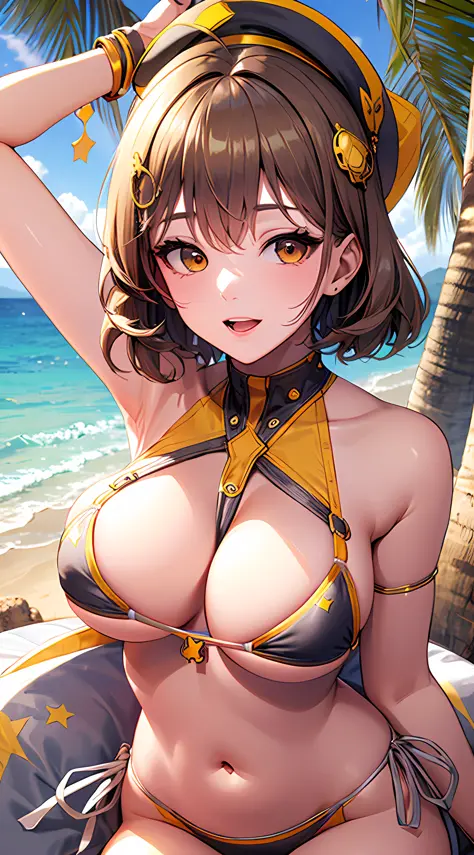 Best Quality, Ultra-Detailed,,1girl, Solo, Nikkeanis, Cross-Eyed, short_hair, open_mouth, Big Breasts, Bending Down, Big Thigh, brown_hair, hair_ornament, brown_eyes,yellow_eyes, Beret, Cowboy Shot, (Bikini:1.3), Beach, Summer, Silky Pale White, Shiny Skin