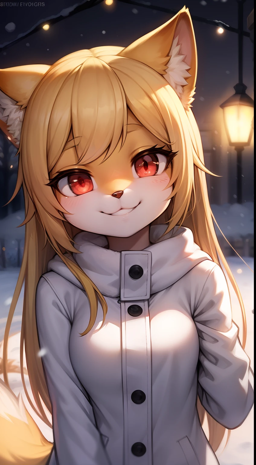 Fox girl, furry, furry, golden fur, golden face fur, long blonde hair, eyes with light, red eyes, super cute face, brown elements on fur, white coat, beautiful lights and shadows, ambient light, super fine fur, volumetric light, night, natural lighting, smile, fluffy tail, color contact lenses, Christmas background, snow, bright pupils, smiley