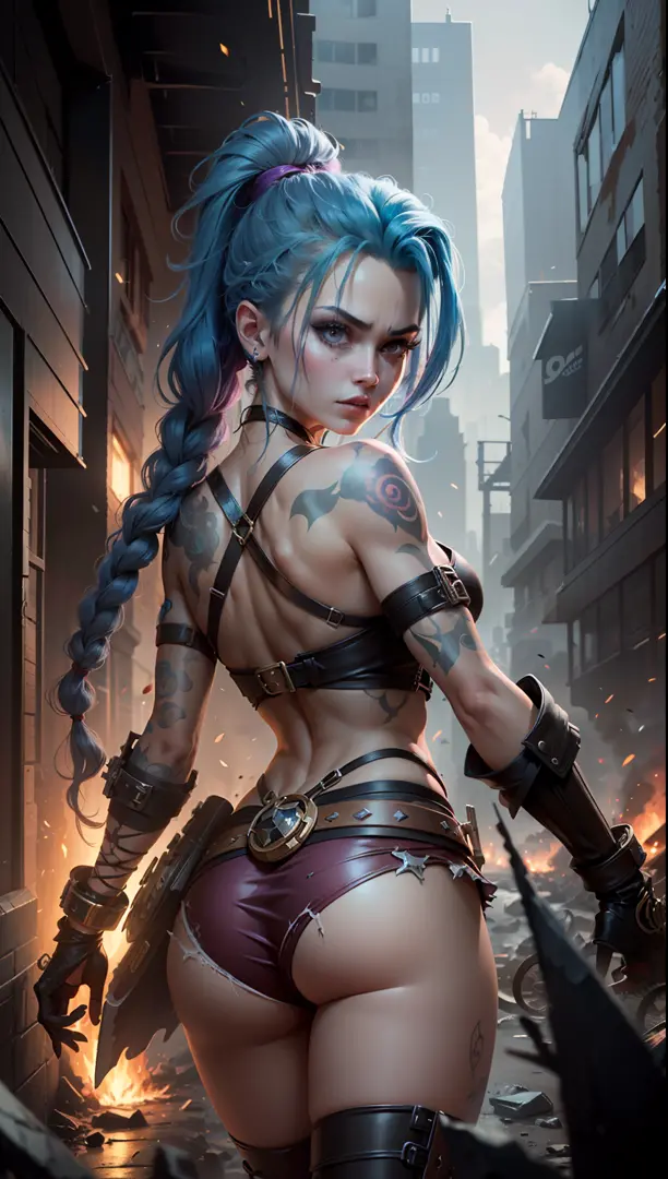 ((Best quality)), ((masterpiece)), (very detailed: 1.3), 3D, arcane style, In the dark and sandy dystopian city of Piltover, plagued by violence and divided into two opposing factions, emerges a young prodigy named Jinx. Having endured unimaginable loss an...