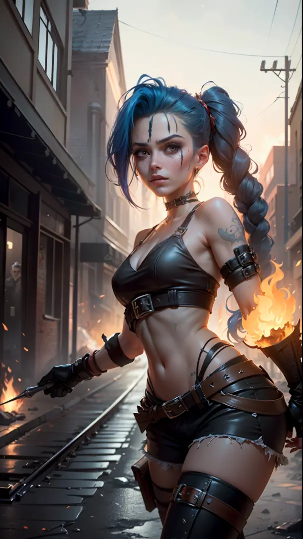 ((Best quality)), ((masterpiece)), (very detailed: 1.3), 3D, arcane style, In the dark and sandy dystopian city of Piltover, plagued by violence and divided into two opposing factions, emerges a young prodigy named Jinx. Having endured unimaginable loss an...