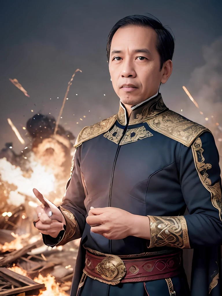 jokowi wear doctor strange outfit, 4k, Best quality, masterpiece, ultra high res, beautiful lighting, (realistic, photo-realistic:1.4), realistic background,1man, 50 years old, standing potrait photo, Long shot, wide shot, full shot, explosion background, use Fire-and-forget Destruction spell on right hand