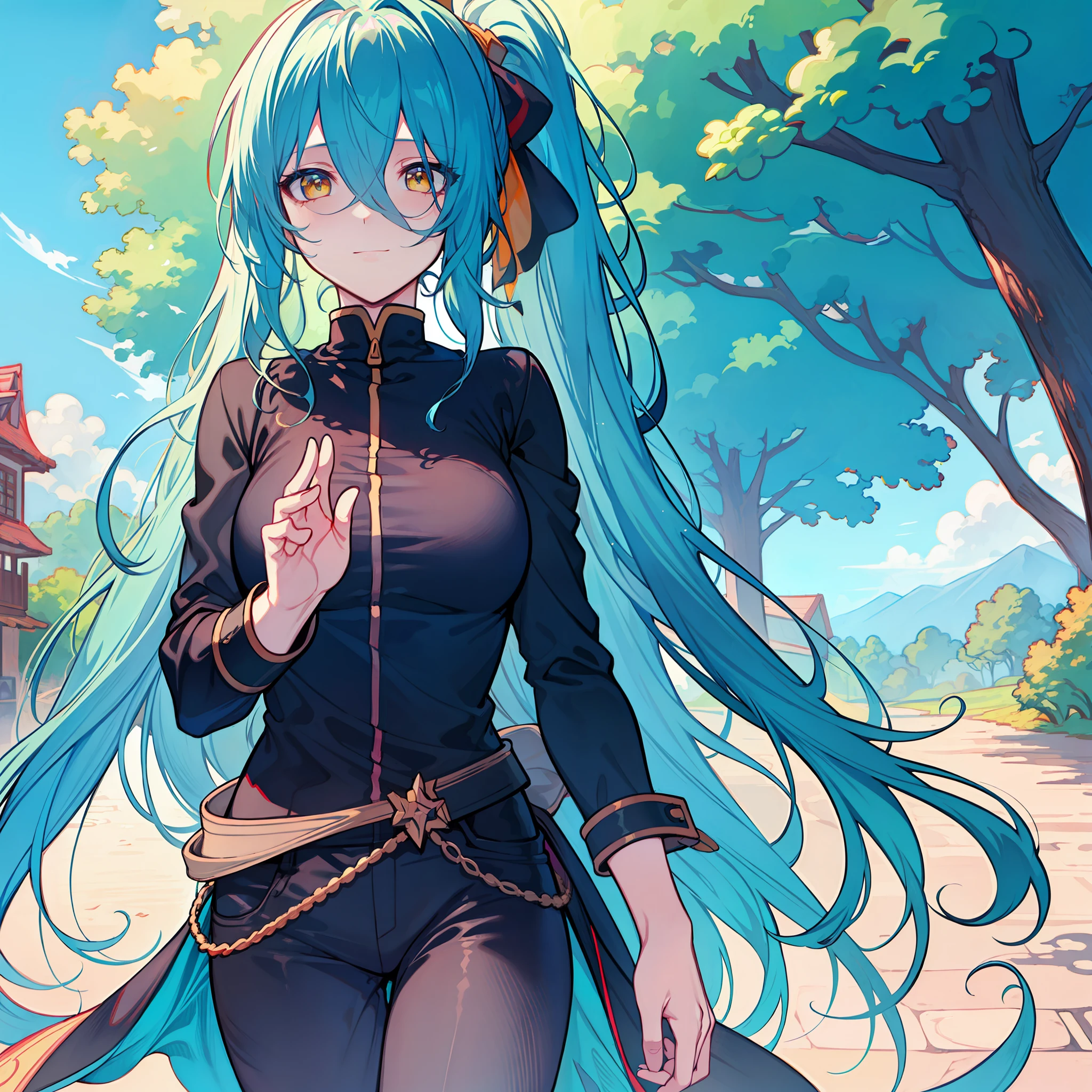 vibrant colors, girl, masterpiece, sharp focus, best quality, cinematlicilghting, detailed clothing, perfect eyes, dynamic pose, yellow eyes, light blue hair, very long hair, outdoors, hands out of frame, colorful inner hair, landscape, trees, clouds, sunlight, medium breasts, messy hair, hair between eyes, jacket, ponytail