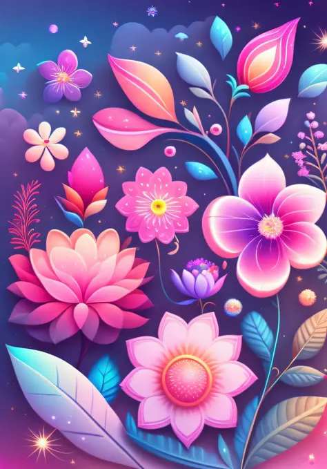 Various beautiful flowers, cartoon illustration, sky in a gradient of vibrant colors with twinkling stars. Immerse yourself in a...