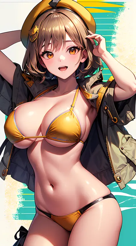 Best Quality, Ultra-Detailed,,1girl, Solo, Nikkeanis, Cross-Eyed, short_hair, open_mouth, Big Breasts, Very Bending Down, Near, Big Thigh, brown_hair, hair_ornament, brown_eyes,yellow_eyes, Beret, Cowboy Shot, (Bikini:1.3), Beach, Summer, Silky Pale White,...