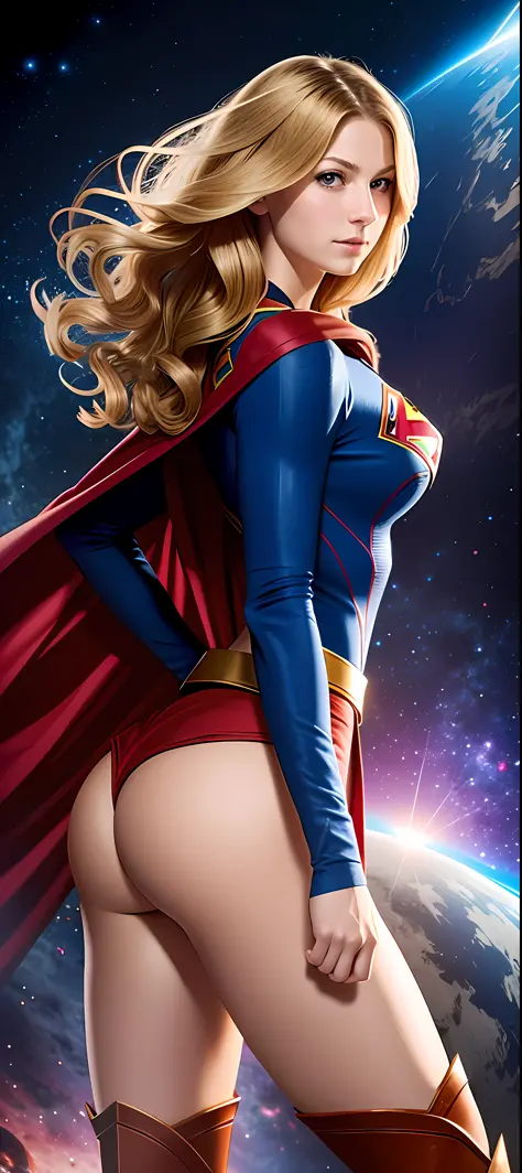 full body photographic portrait, sexy of Supergirl Melissa Benoist, furious round eyes colorful and realistic, dark and dark atmosphere, superheroine costume, (big breasts and ass: 1.3), awesome illustration, very sexy beauty IA woman, long blond hair, per...