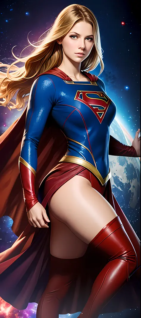 full body photographic portrait, sexy of Supergirl Melissa Benoist, furious round eyes colorful and realistic, dark and dark atmosphere, superheroine costume, (big breasts and ass: 1.3), awesome illustration, very sexy beauty IA woman, long blond hair, per...
