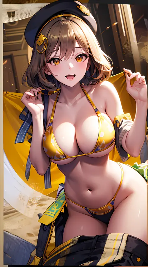 Best Quality, Ultra-Detailed,,1girl, Solo, Nikkeanis, Cross-Eyed, short_hair, open_mouth, Large breasts, Very Bending Down, Near, Big Thigh, brown_hair, hair_ornament, brown_eyes,yellow_eyes, Beret, Cowboy Shot, (Bikini:1.3), Beach, Summer, Silky Pale Whit...
