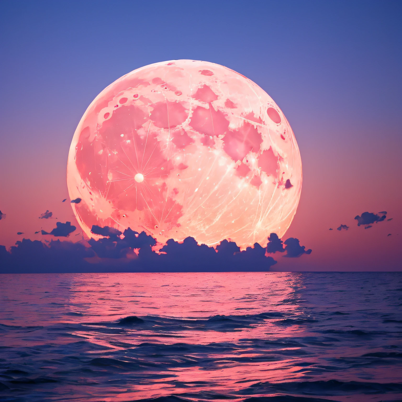 Pink moon, pink sky, soft pink clouds, pink ocean waves sparkling 