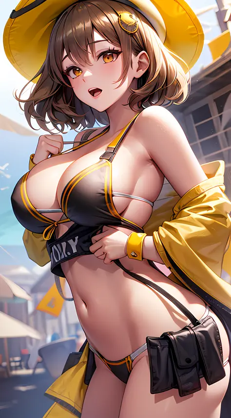 Best Quality, Ultra-Detailed, 1girl, Solo, Nikkeanis, Cross-Eyed, short_hair, open_mouth, Large Breasts, Bending Down, Near, Back, Normal Hip, brown_hair, hair_ornament, brown_eyes.yellow_eyes, Beret, Cowboy Shot, (Bikini:1.3), Beach, Summer, Silky Pale Wh...
